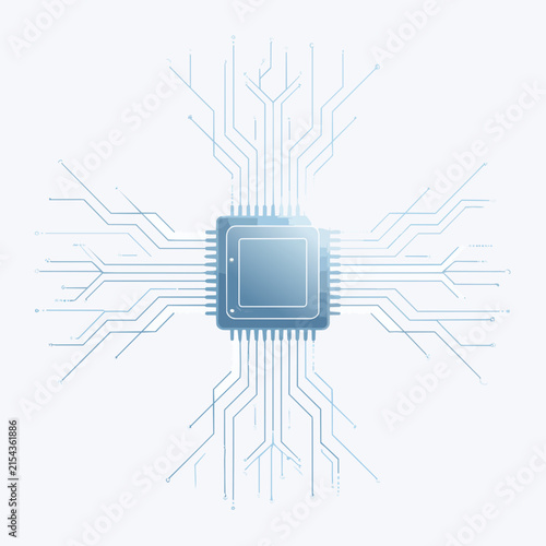 Central electronic CPU microchip illustration with radiating blue circuit network lines