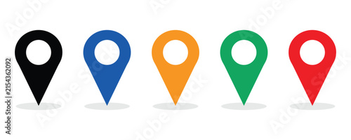 Colorful map location pins with drop shadow isolated on white background