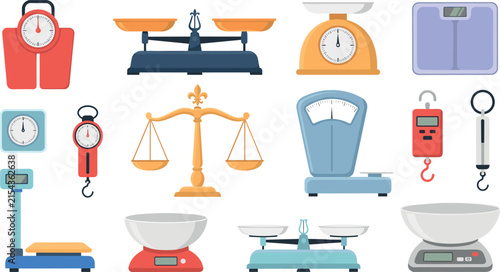 Foto Weighing scales flat vector illustration set featuring kitchen balances retro me
