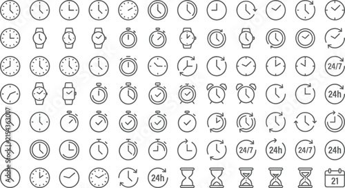 Time clock line icons set representing scheduling watch timer stopwatch history deadline productivity and business management vector illustration