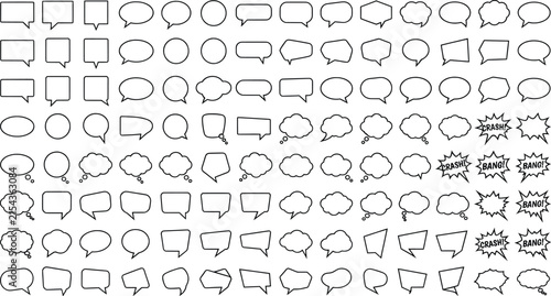 Minimalist speech bubble collection, 100 outline chat icons, comic book thought clouds and bang text bubbles, black and white vector set