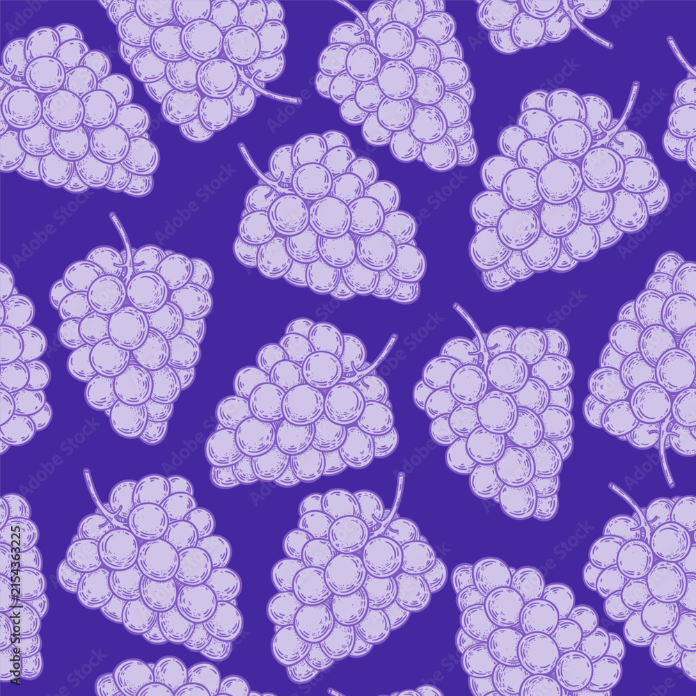 Obraz premium Seamless pattern with purple grape bunches on white background. Hand drawn vector illustration.