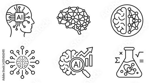 Artificial intelligence and machine learning conceptual icons set isolated on transparent background