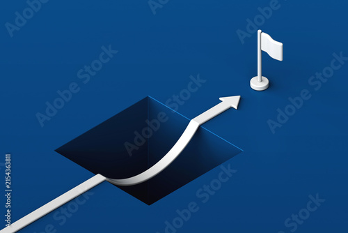 3D white arrow vaulting over deep hole pit towards target flag in isometric view. Minimalist risk management concept suited for bridging gap difficulty or achieving milestone goal illustration.