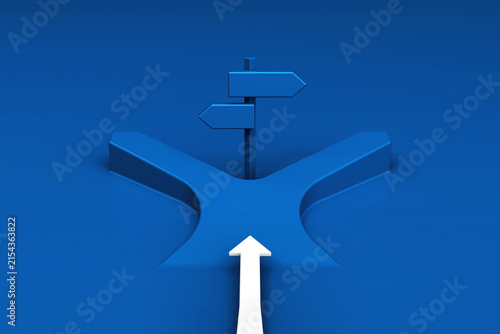 3D white arrow reaching two way fork road with signpost in isometric view. Minimalist decision making concept suited for strategic choice direction or corporate option evaluation illustration