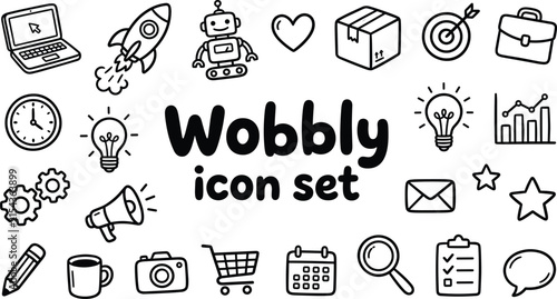 Business doodle icon set representing hand drawn wobbly startup finance technology marketing web development and corporate management illustration