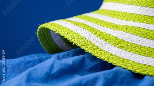 Green and white striped straw hat resting on blue beach towel.