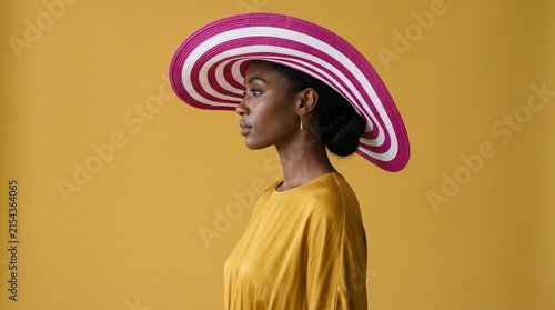 Profile of elegant Black woman wearing large striped sun hat against yellow background.