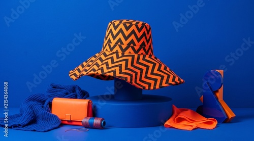 Orange and Black Zigzag Sun Hat with Fashion Accessories on Blue Background.