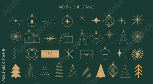 Merry Christmas. Minimal golden icons on dark green. Christmas trees and gifts. Vector
