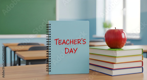 Teachers day concept with notebook and apple on school desk with blurred classroom background