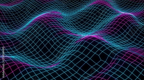abstract 3D digital background featuring a glowing neon wireframe grid with undulating waves in cyan and magenta colors against a dark background.