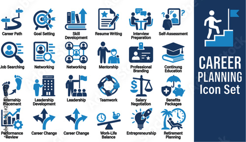  Career planning vector icon set featuring professional development employment goals resume writing mentorship job search and human resources presentation