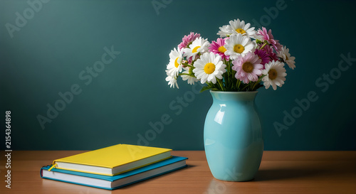 Bouquet of daisies and a book on a wooden table with a teal background