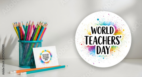 Colorful pencils and world teachers day typography with paint splatter background