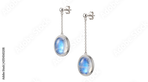 Cuadro en lienzo Elegant moonstone drop earrings, silver chain jewelry with oval blue gemstones,