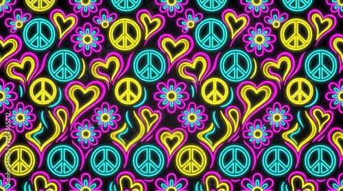 vibrant digital pattern featuring glowing neon peace symbols, hearts, and flowers in bright yellow, pink, and cyan against a dark black background.