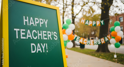 Happy teachers day message on a chalkboard with balloons in a schoolyard setting