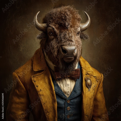 Artistic portrait of a humanoid buffalo creature in vintage clothing with a serious expression, detailed and realistic style