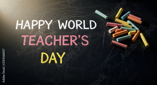 Happy teachers day message with scattered chalk on a black chalkboard background