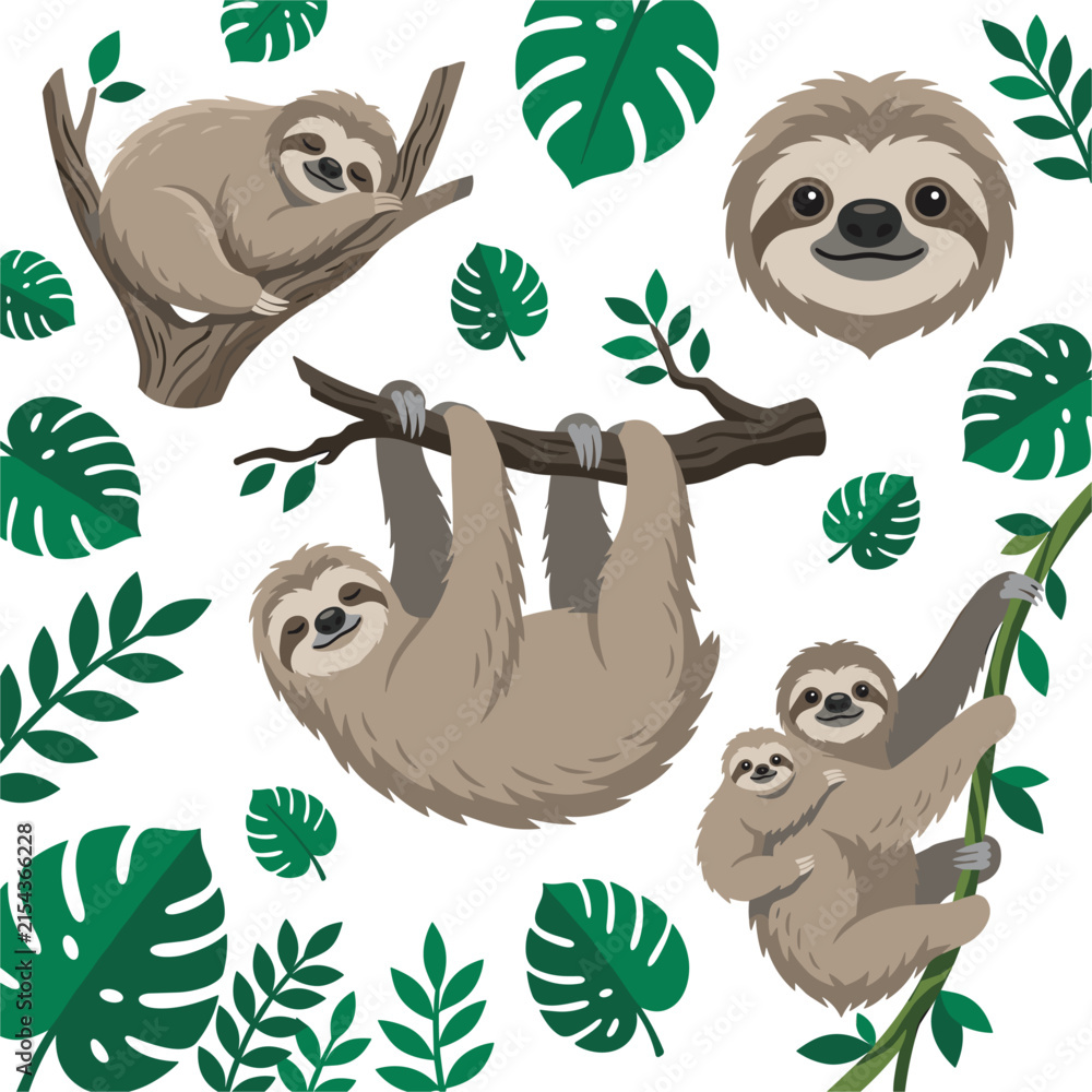 Obraz premium Cute Sloth Vector Illustration Set with Tropical Monstera Leaves and Tree Branches for Wildlife Nursery Textiles and Educational Nature Designs