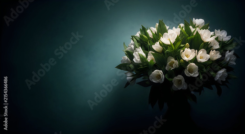 White jasmine flowers in a lush bouquet on a dark teal background dramatic lighting