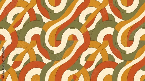 seamless retro geometric pattern featuring stylized abstract wavy lines and curved shapes with a textured finish in warm earth tones including orange, mustard yellow, olive green, and cream.