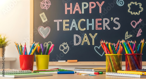 Happy Teachers Day chalkboard lettering with school supplies and colorful pencils on a wooden desk