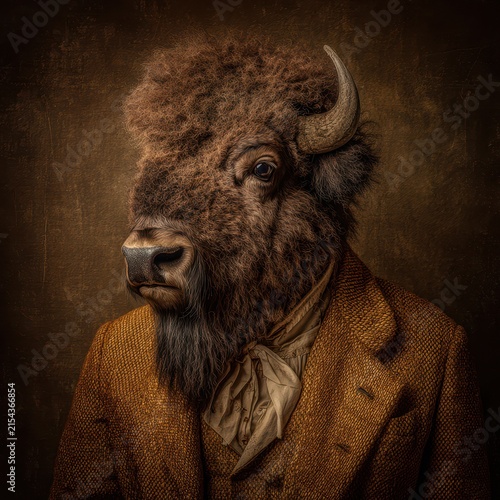 Artistic depiction of bison dressed in vintage suit with textured background, anthropomorphic animal portrait