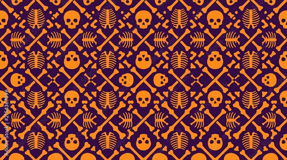 Orange skull and crossbones seamless pattern on purple background