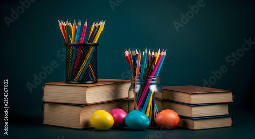 Colorful pencils books and spheres on a dark teal background school supplies still life