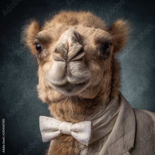 Humorous Camel Portrait with Bow Tie and Formal Attire in Studio Setting