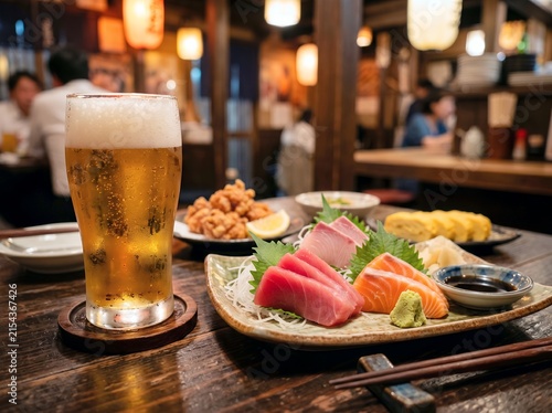 日本の居酒屋で冷たいビールと豪華な刺身を堪能