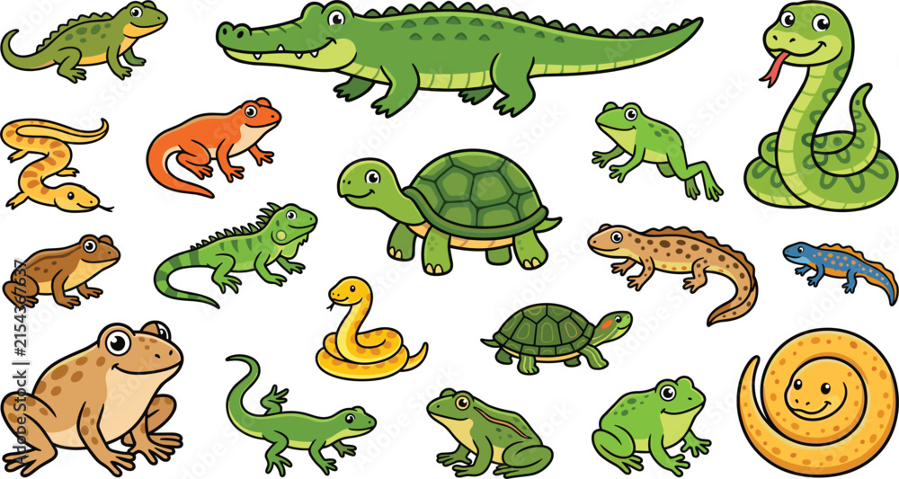 Obraz premium Cute Cartoon Reptiles and Amphibians Vector Clipart Set Featuring Crocodile Snakes Turtles Frogs and Lizards for Children Wildlife Education Designs