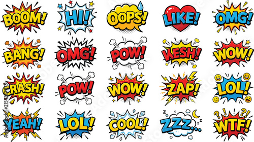 Comic sound effects grid featuring action words, pop art expressions, explosive graphics and dynamic cartoon symbols vector illustration