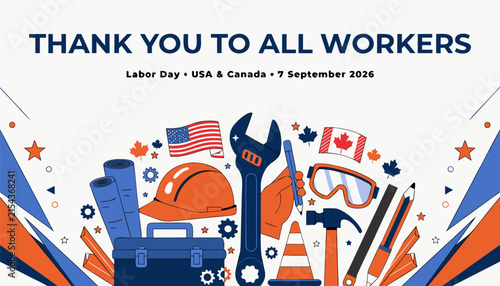 Obraz na płótnie Colorful graphic illustration honoring labor day with construction tools and fla