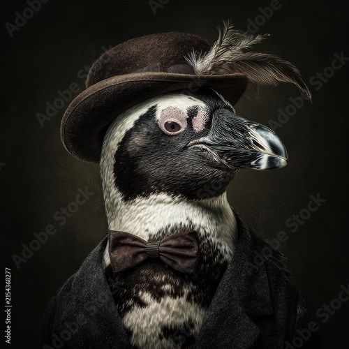 Elegant Black-and-White Penguin in Vintage Attire with Hat and Feather Accessory Portrait