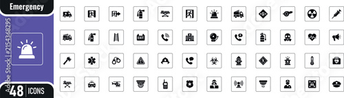 Emergency response solid icon set featuring safety rescue ambulance fire police evacuation alert siren firstaid medical security and warning icons