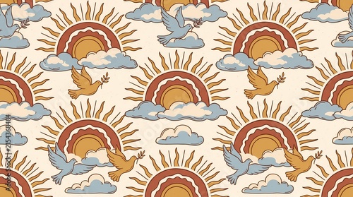 seamless retro pattern featuring vintage sunbursts, fluffy clouds, and flying peace doves holding olive branches in a warm 1970s color palette.