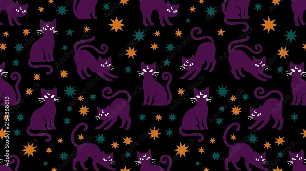 Purple mystical cats and stars seamless pattern on black