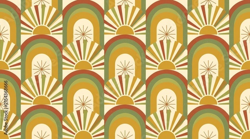 seamless repeating pattern featuring retro sunburst designs combined with arched rainbow shapes in vintage earthy tones like mustard yellow, olive green, and rust red.