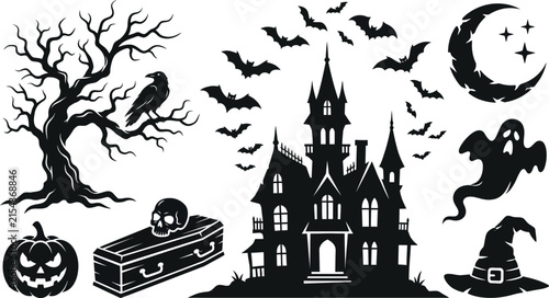 Bild auf Leinwand Halloween Silhouette Collection Spooky Trees Castle And Other Elements