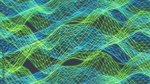 abstract futuristic wireframe grid wave background featuring glowing blue and green neon lines creating a dynamic digital terrain effect.