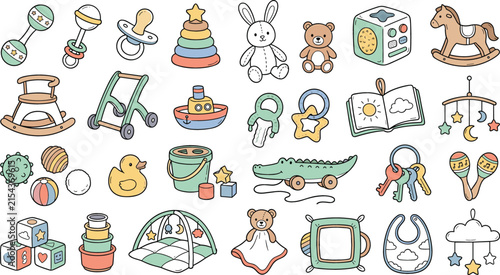 Cute baby toy and nursery essentials collection featuring rattles, teddy bears, pacifiers, blocks, stroller, and playful vector illustrations