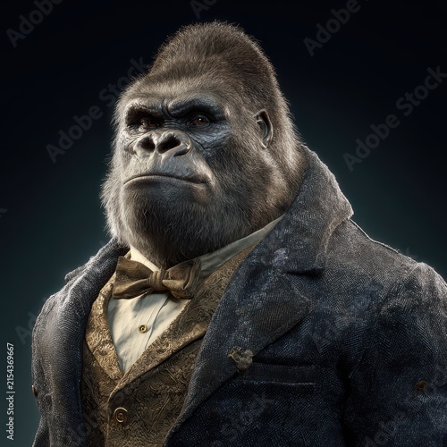Anthropomorphic Gorilla dressed in Victorian style clothing including jacket vest shirt and bow tie for historical or fantasy themes