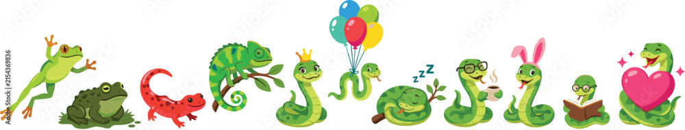 Fototapeta premium Cute Cartoon Snake and Reptile Character Vector Clipart Set Featuring Funny Snakes with Balloons Crown Heart and Coffee for Kids Designs