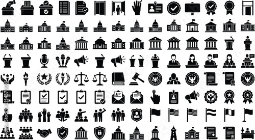 Election and Democracy Vector Icon Set Featuring Voting, Ballot Boxes, Government Buildings, Political Campaign, Leadership, Justice and Civic Participation Symbols