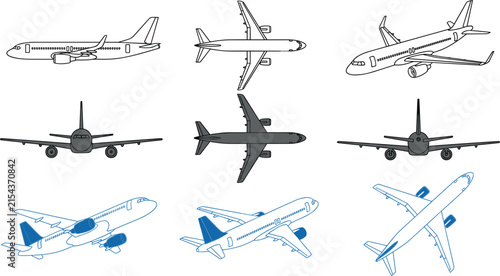 Commercial passenger airplane line icons set showing different angles flight perspectives and silhouette views outline vector