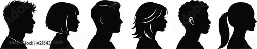 Minimalist profile silhouettes of diverse people, set of 6 human head vector icons, black side view portraits for social media and avatars