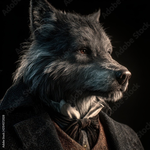 Elegant anthropomorphic wolf dressed in vintage tuxedo and bow tie with sophisticated pose and dramatic lighting